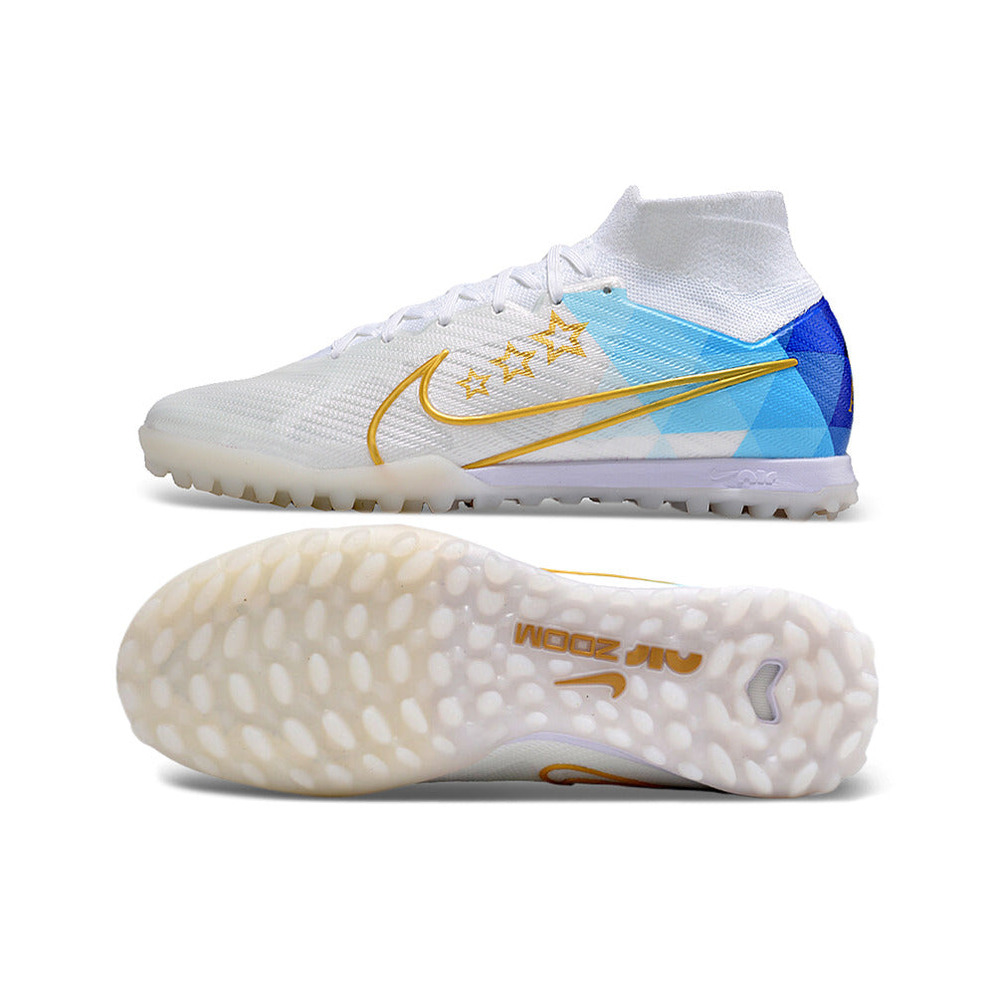 Chuteira Society Nike Air Zoom Mercurial Superfly 9 Elite TF Branca e Azul 