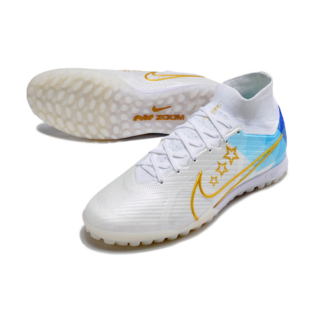 Chuteira Society Nike Air Zoom Mercurial Superfly 9 Elite TF Branca e Azul 
