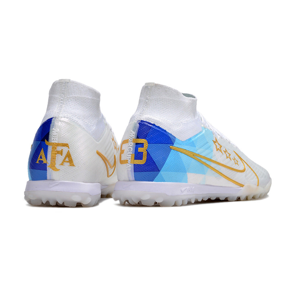 Chuteira Society Nike Air Zoom Mercurial Superfly 9 Elite TF Branca e Azul 