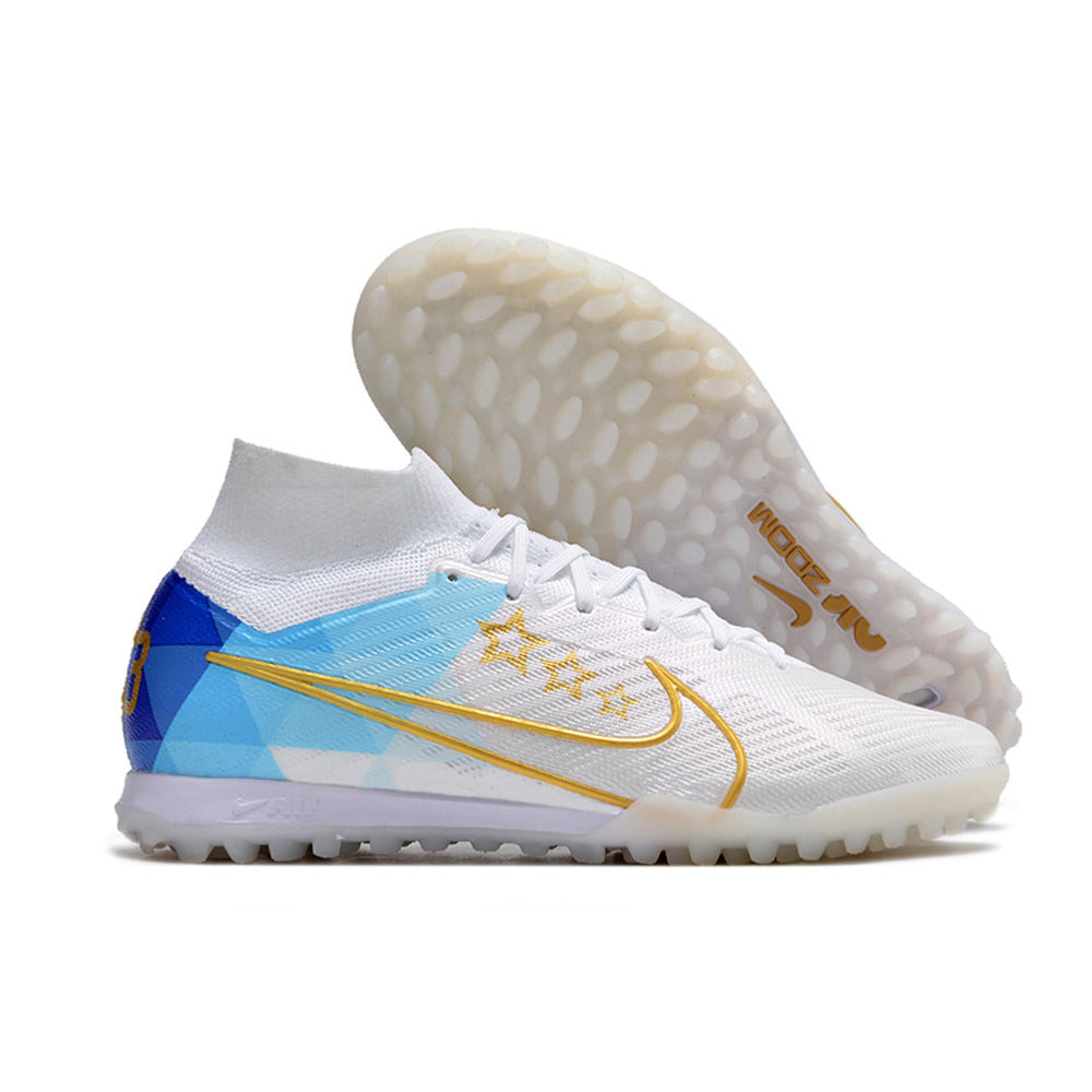 Chuteira Society Nike Air Zoom Mercurial Superfly 9 Elite TF Branca e Azul 