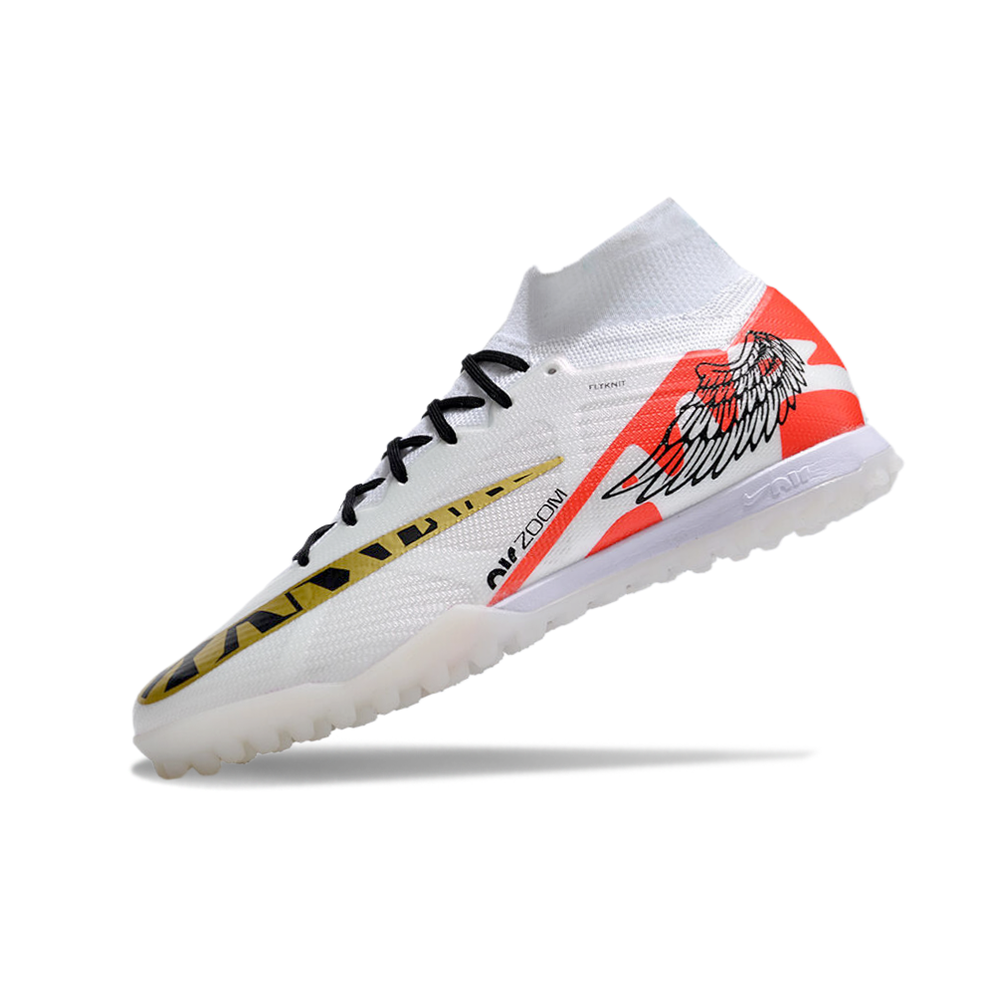 Chuteira Society Nike Air Zoom Mercurial Superfly 9 Elite TF Branca e Dourada