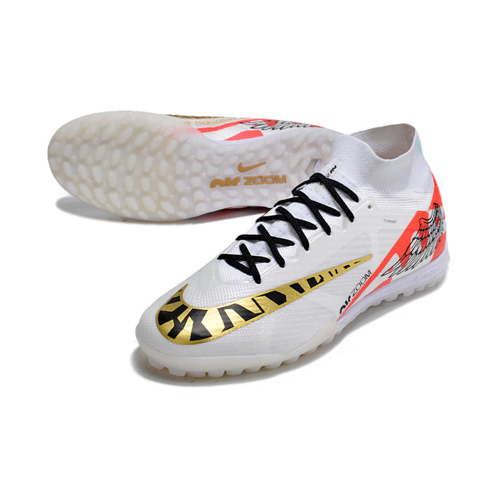 Chuteira Society Nike Air Zoom Mercurial Superfly 9 Elite TF Branca e Dourada