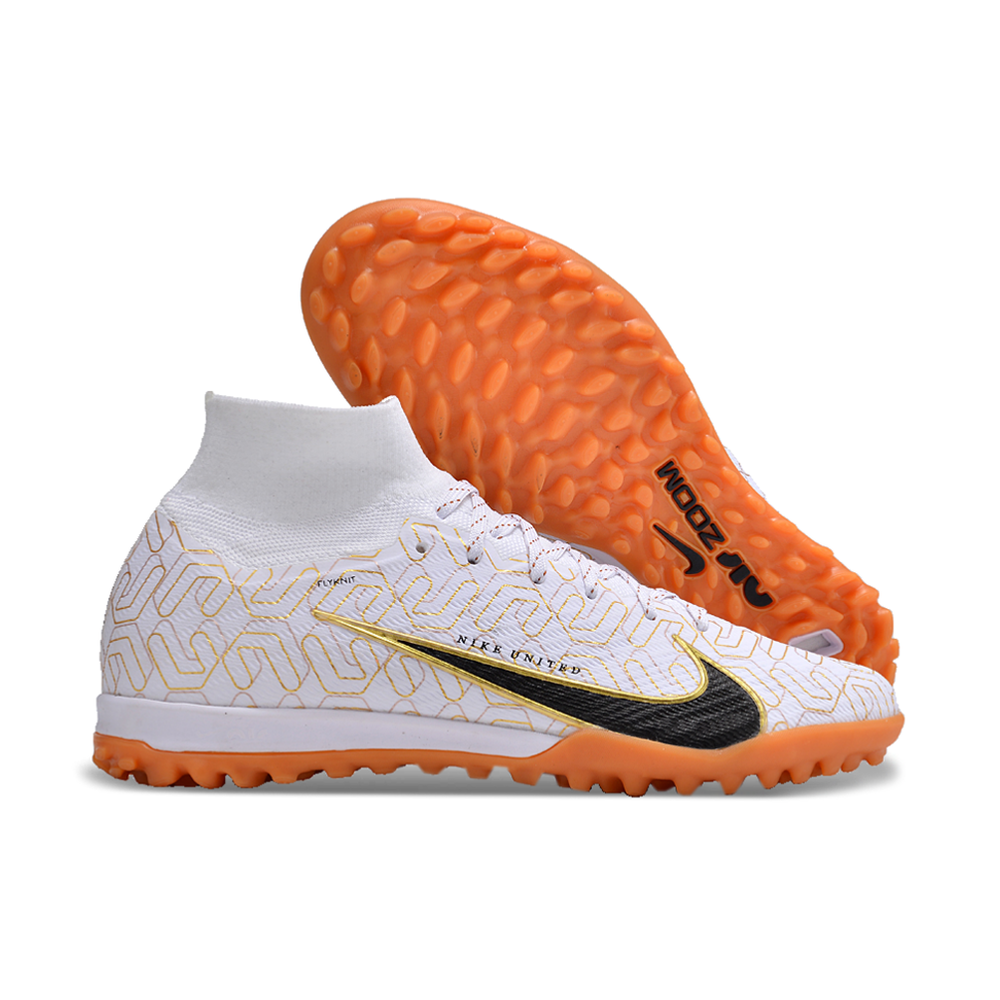Chuteira Society Nike Air Zoom Mercurial Superfly 9 Elite TF Branca e Dourada 