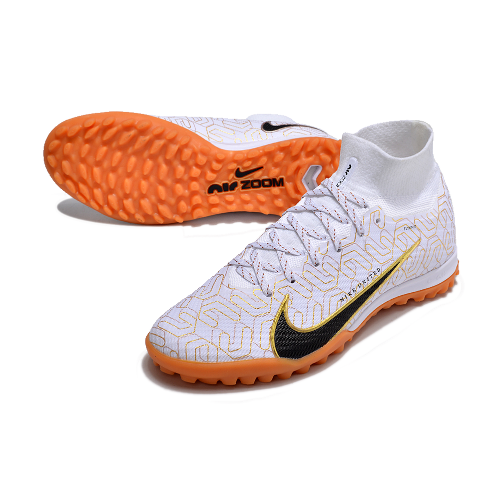 Chuteira Society Nike Air Zoom Mercurial Superfly 9 Elite TF Branca e Dourada 
