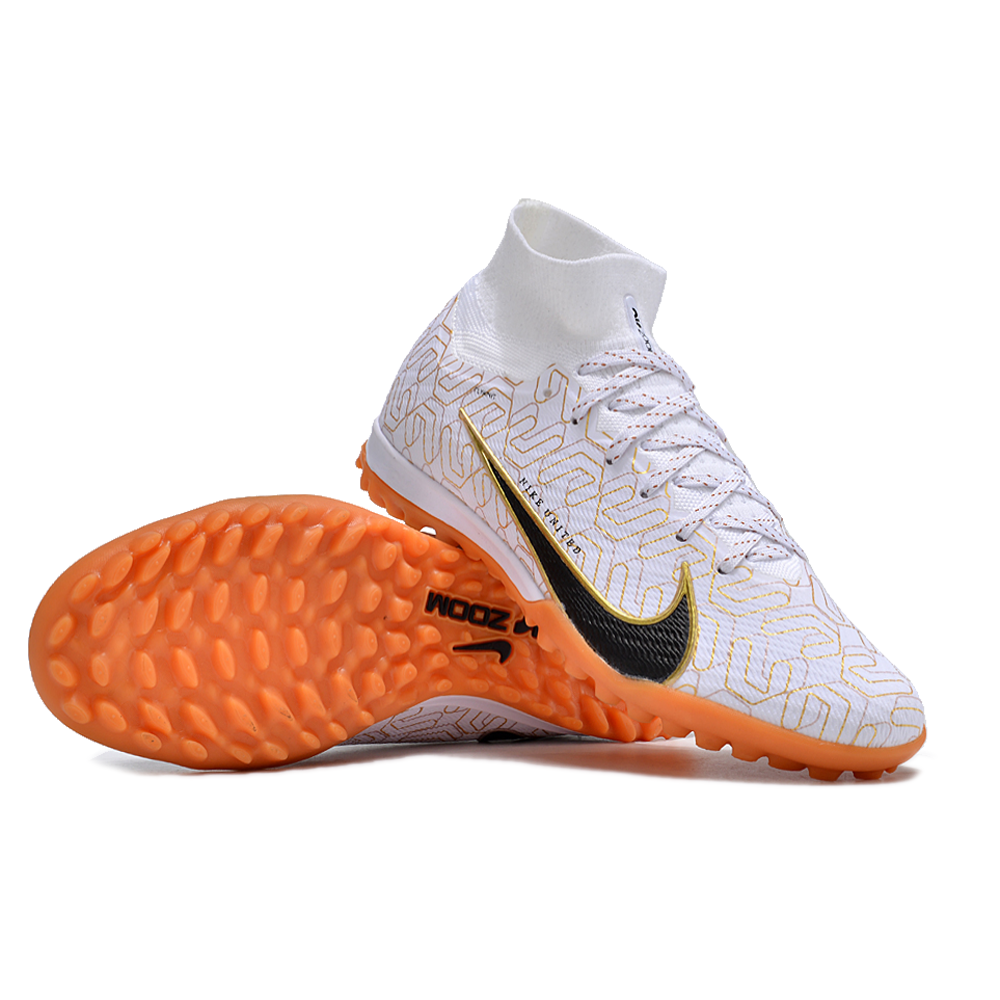 Chuteira Society Nike Air Zoom Mercurial Superfly 9 Elite TF Branca e Dourada 
