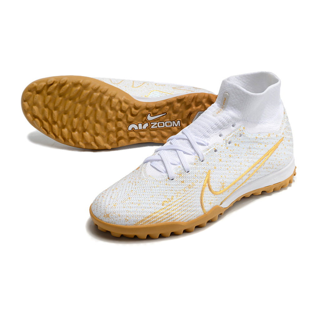 Chuteira Society Nike Air Zoom Mercurial Superfly 9 Elite TF Branca e Dourado