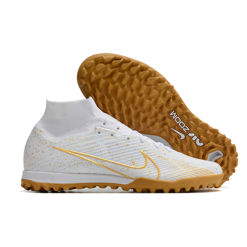 Chuteira Society Nike Air Zoom Mercurial Superfly 9 Elite TF Branca e Dourado
