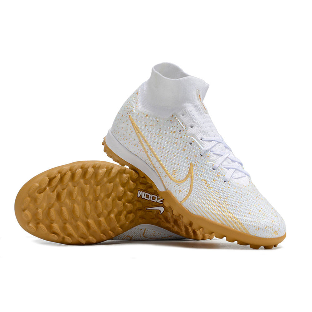 Chuteira Society Nike Air Zoom Mercurial Superfly 9 Elite TF Branca e Dourado
