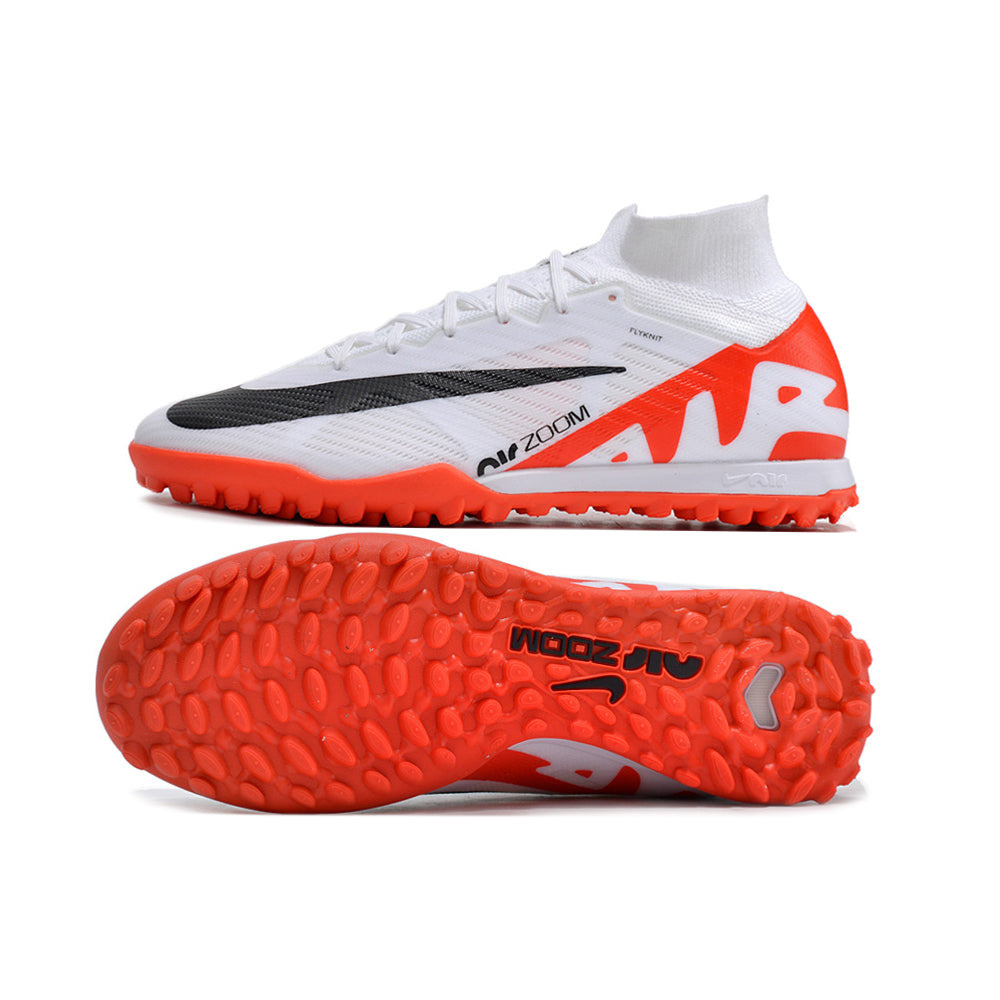 Chuteira Society Nike Air Zoom Mercurial Superfly 9 Elite TF Branca e Laranja 