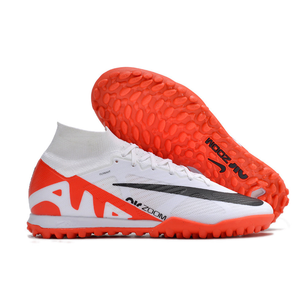Chuteira Society Nike Air Zoom Mercurial Superfly 9 Elite TF Branca e Laranja 