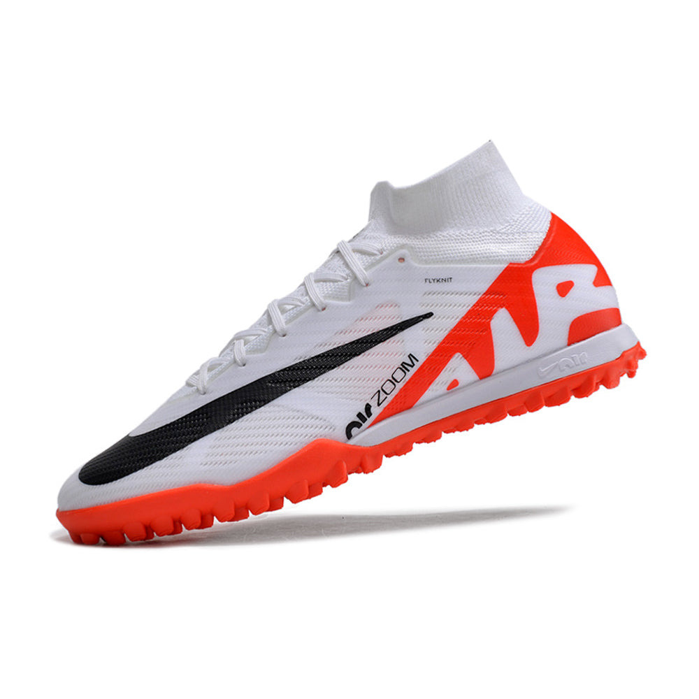 Chuteira Society Nike Air Zoom Mercurial Superfly 9 Elite TF Branca e Laranja 