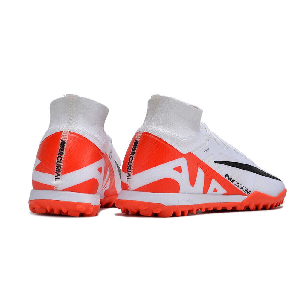 Chuteira Society Nike Air Zoom Mercurial Superfly 9 Elite TF Branca e Laranja 