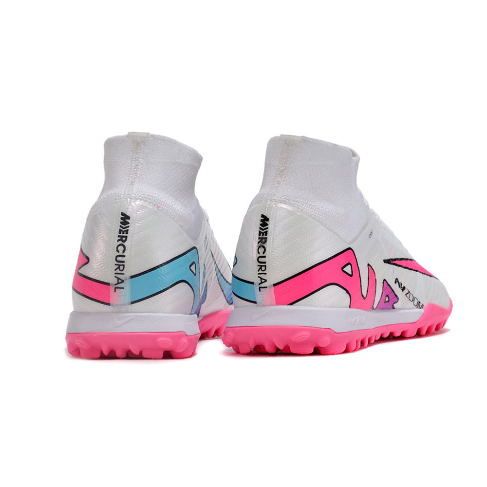 Chuteira Society Nike Air Zoom Mercurial Superfly 9 Elite TF Branca e Rosa