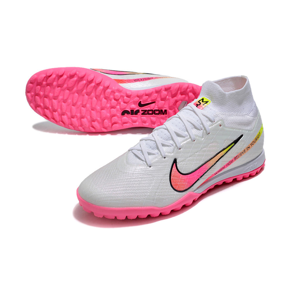 Chuteira Society Nike Air Zoom Mercurial Superfly 9 Elite TF Branca e Rosa 