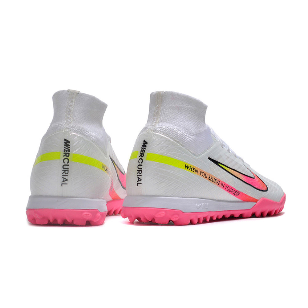Chuteira Society Nike Air Zoom Mercurial Superfly 9 Elite TF Branca e Rosa 