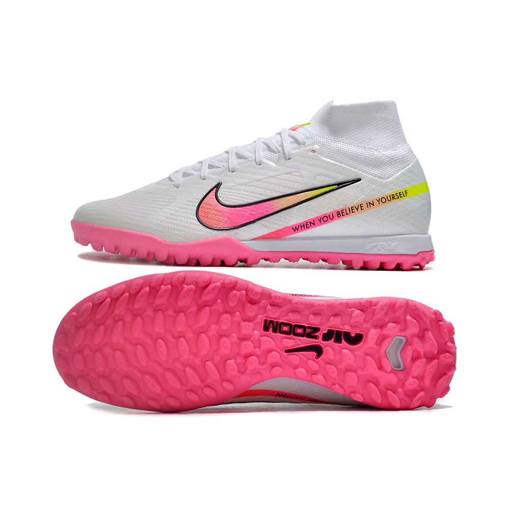Chuteira Society Nike Air Zoom Mercurial Superfly 9 Elite TF Branca e Rosa 