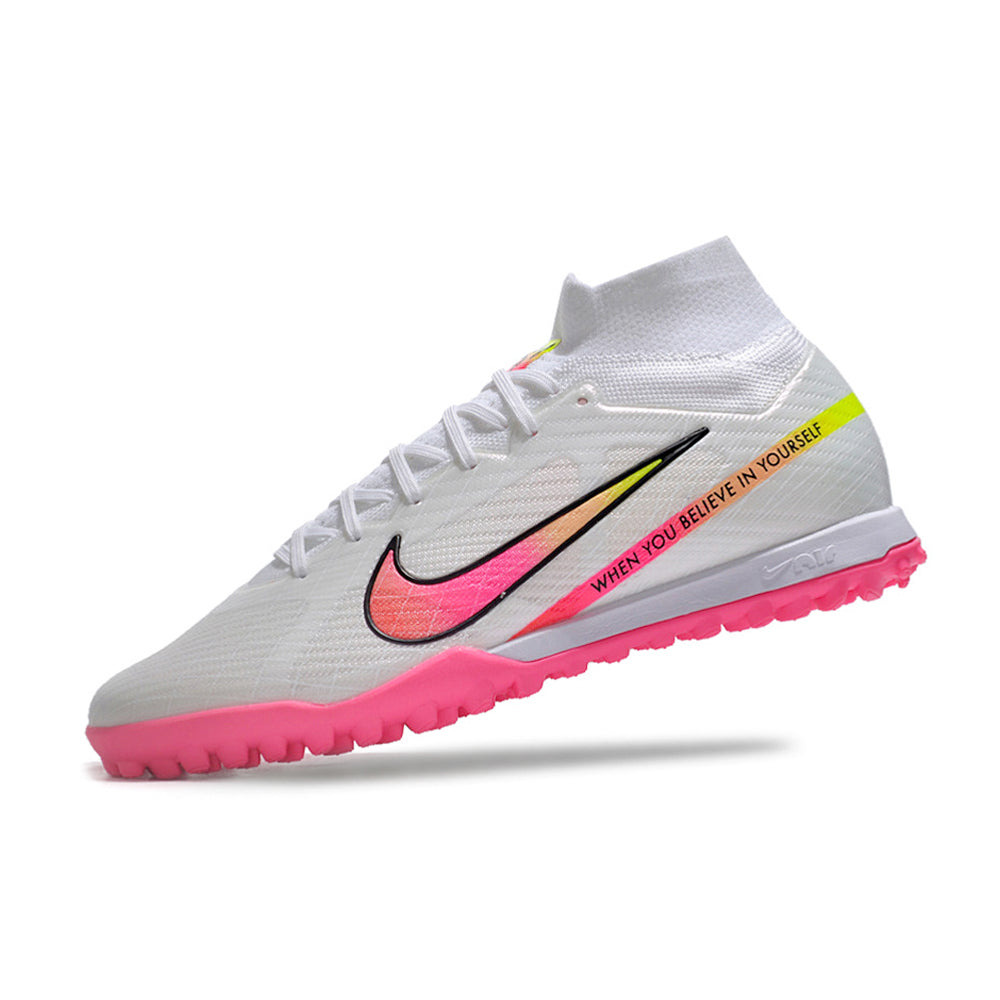 Chuteira Society Nike Air Zoom Mercurial Superfly 9 Elite TF Branca e Rosa 
