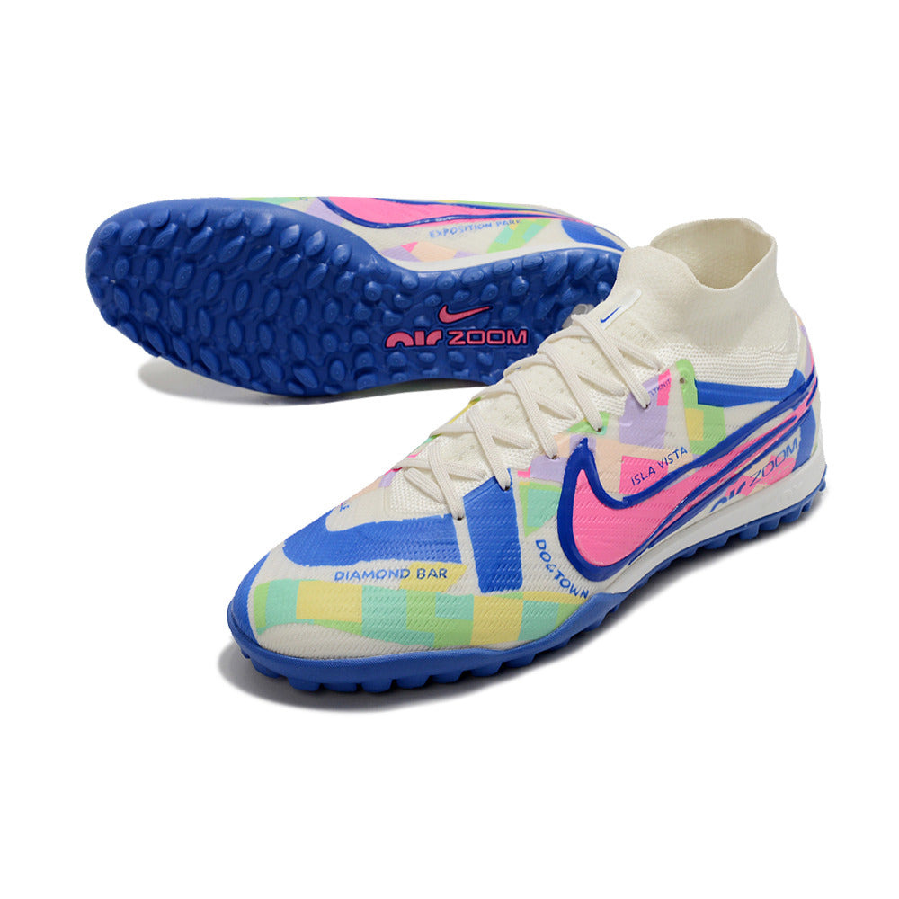 Chuteira Society Nike Air Zoom Mercurial Superfly 9 Elite TF Branca, Azul e Rosa 