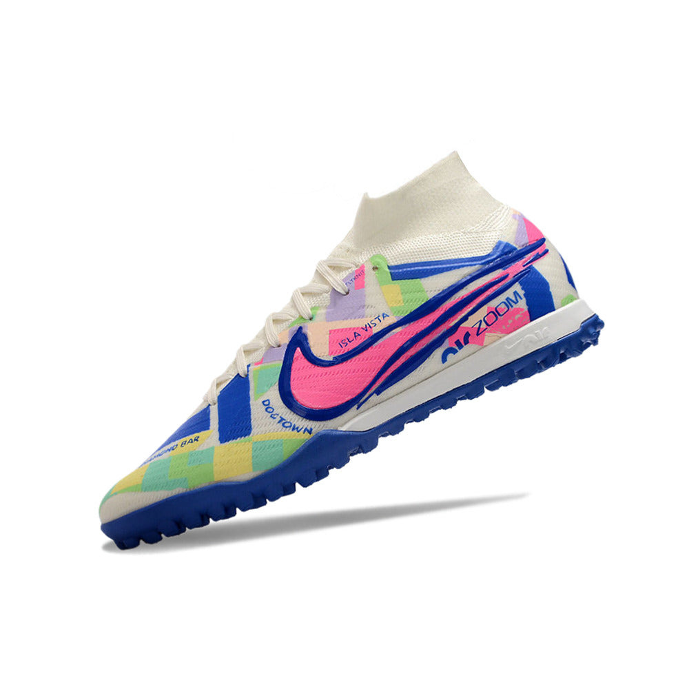 Chuteira Society Nike Air Zoom Mercurial Superfly 9 Elite TF Branca, Azul e Rosa 
