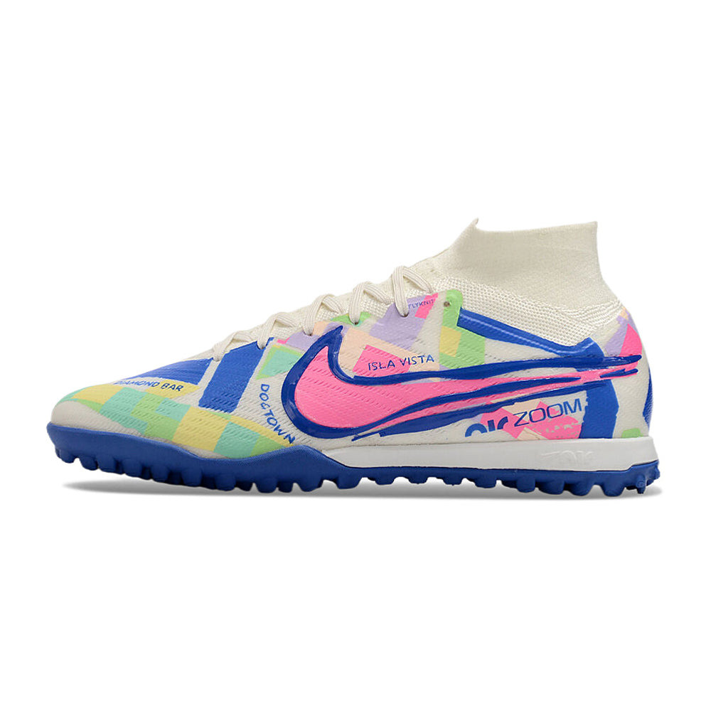 Chuteira Society Nike Air Zoom Mercurial Superfly 9 Elite TF Branca, Azul e Rosa 