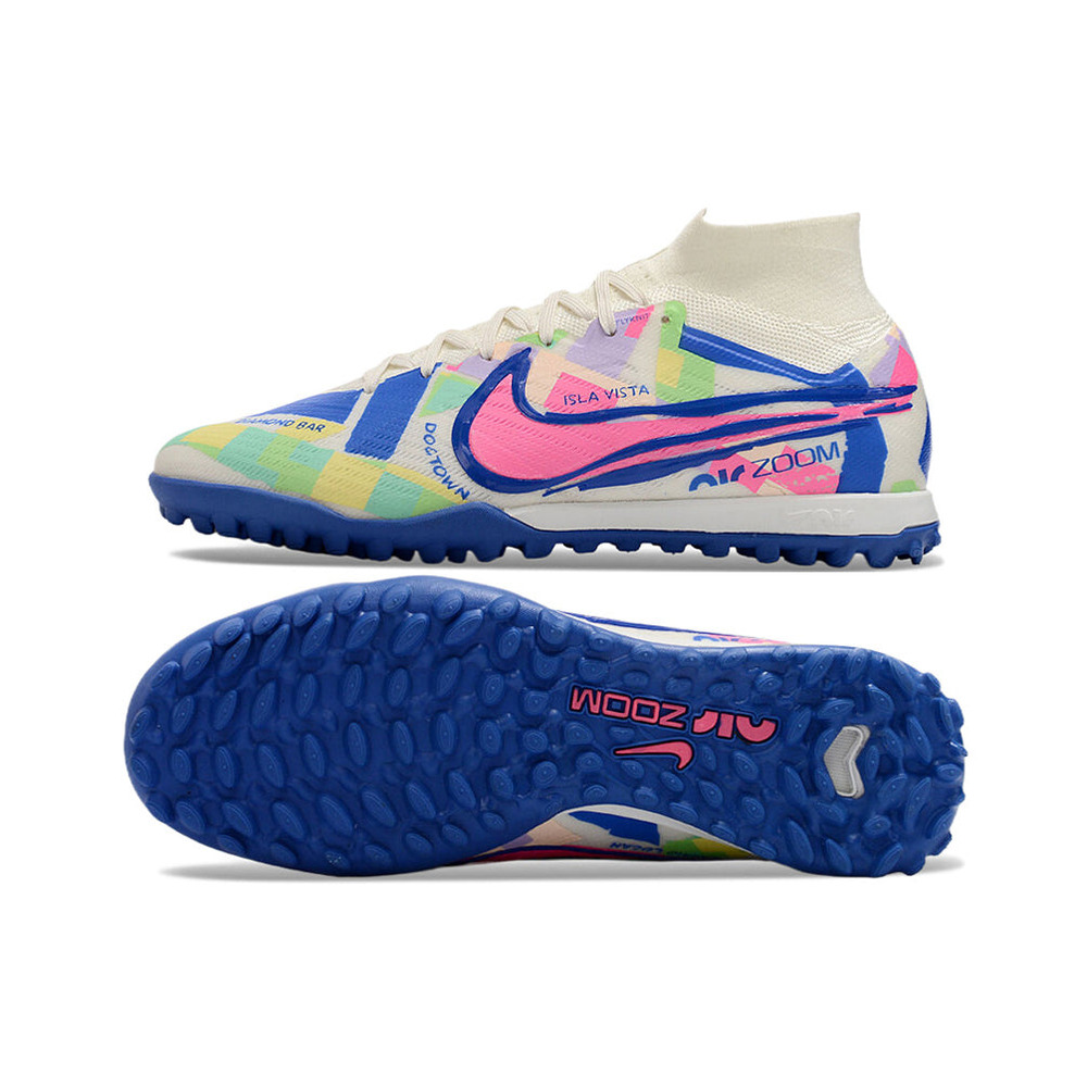 Chuteira Society Nike Air Zoom Mercurial Superfly 9 Elite TF Branca, Azul e Rosa 