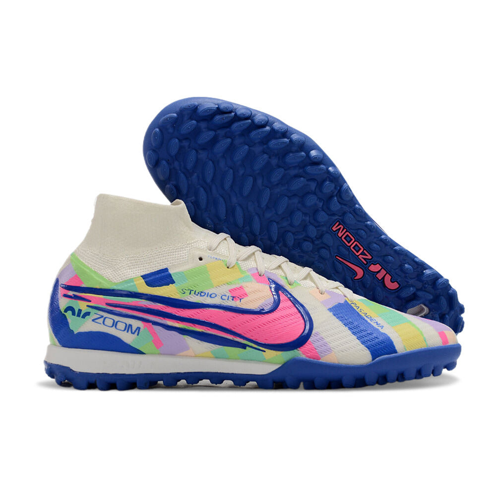 Chuteira Society Nike Air Zoom Mercurial Superfly 9 Elite TF Branca, Azul e Rosa 