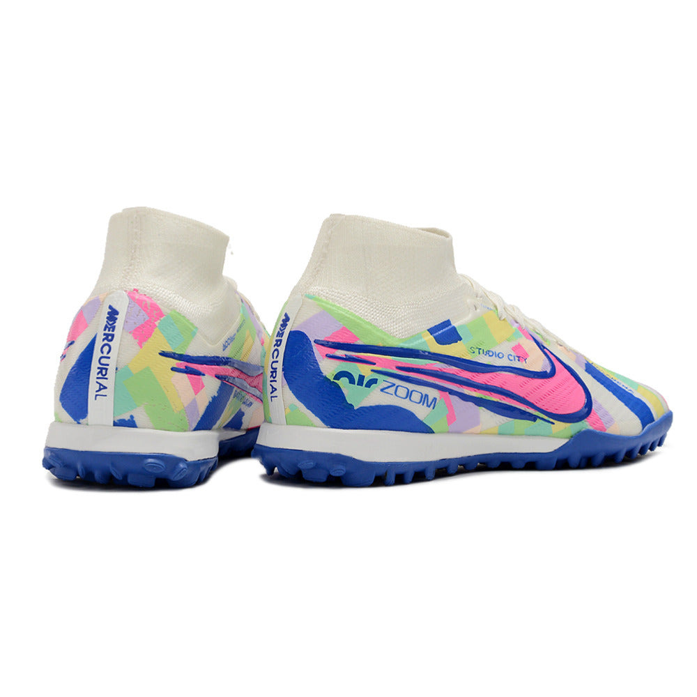 Chuteira Society Nike Air Zoom Mercurial Superfly 9 Elite TF Branca, Azul e Rosa 