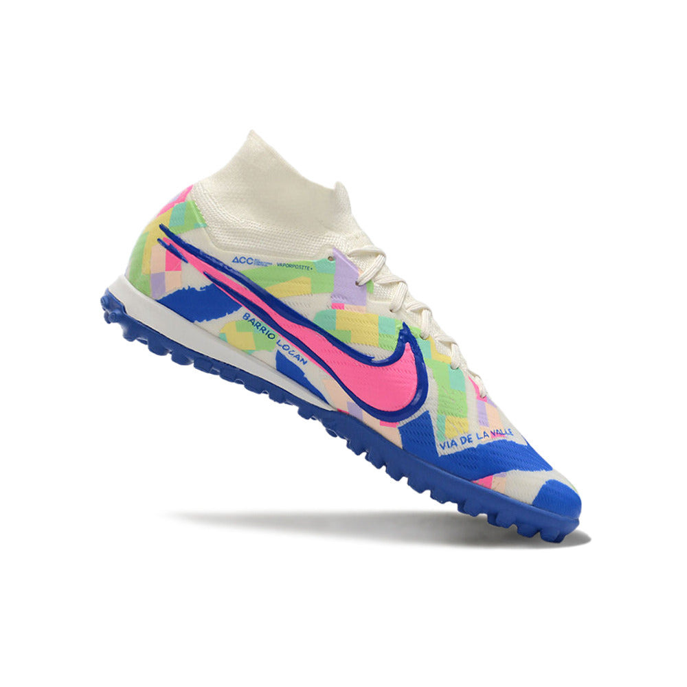 Chuteira Society Nike Air Zoom Mercurial Superfly 9 Elite TF Branca, Azul e Rosa 