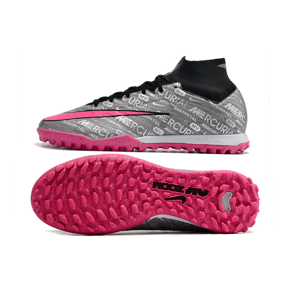 Chuteira Society Nike Air Zoom Mercurial Superfly 9 Elite TF Prata e Rosa 
