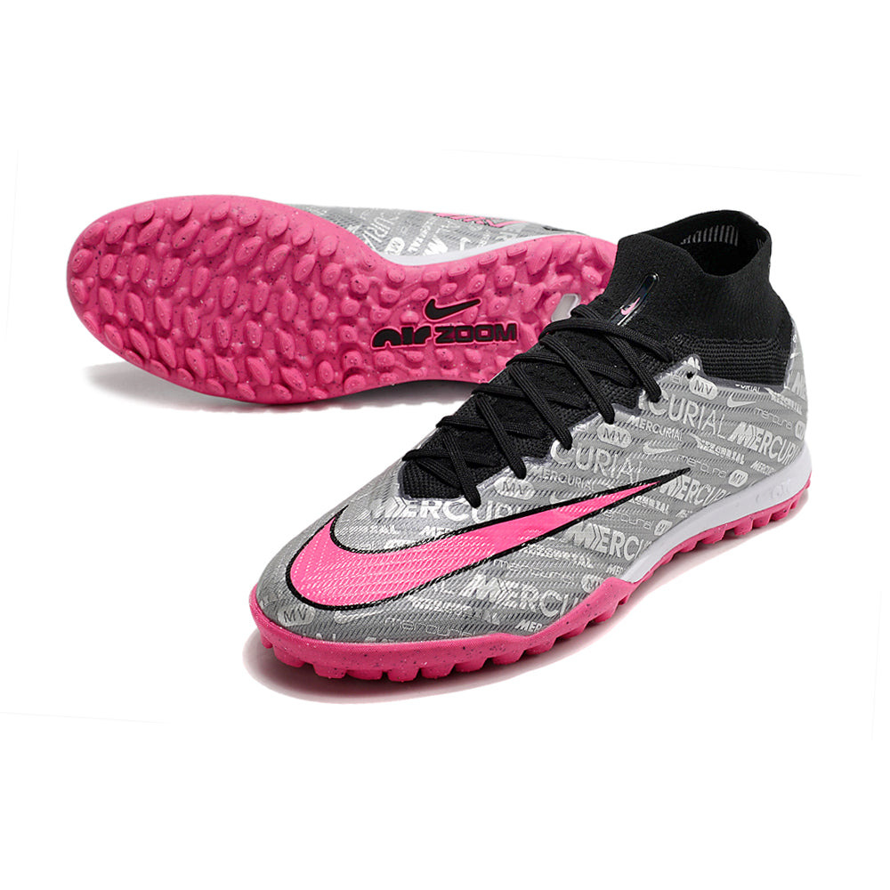 Chuteira Society Nike Air Zoom Mercurial Superfly 9 Elite TF Prata e Rosa 