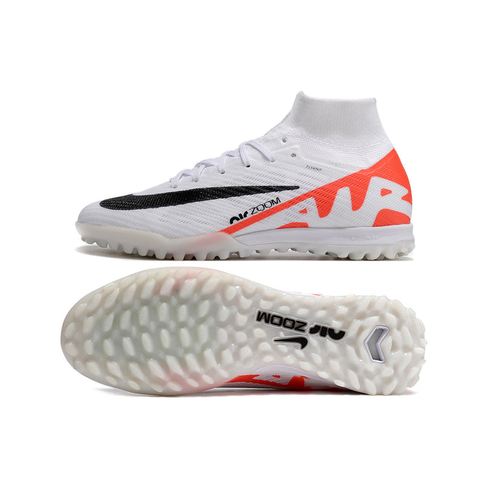 Chuteira Society Nike Air Zoom Mercurial Superfly 9 TF Elite Branca e Laranja 