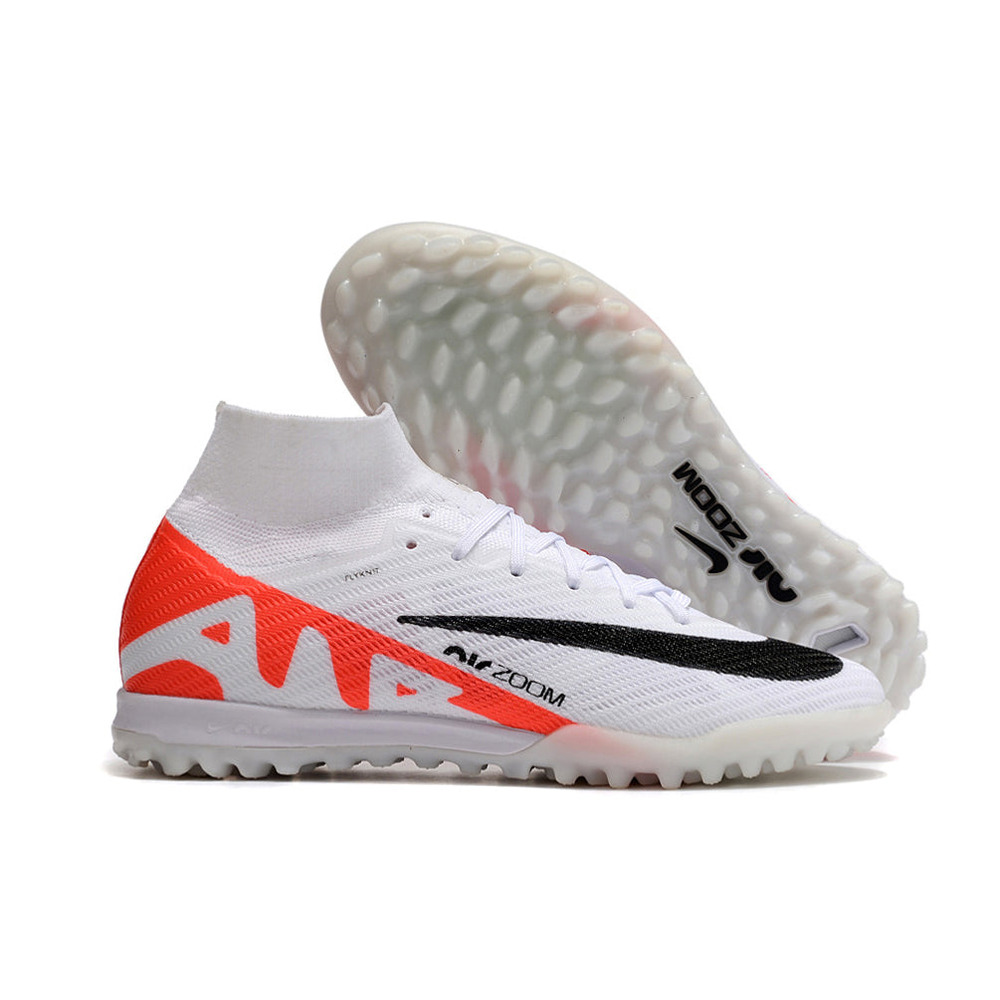 Chuteira Society Nike Air Zoom Mercurial Superfly 9 TF Elite Branca e Laranja 