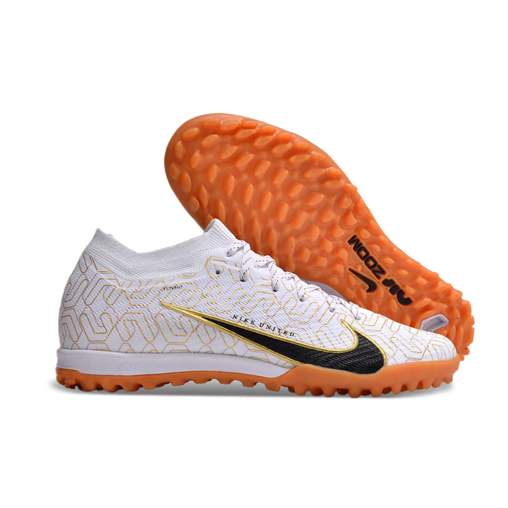 Chuteira Society Nike Air Zoom Mercurial Vapor 15 Elite TF Branca e Dourada 