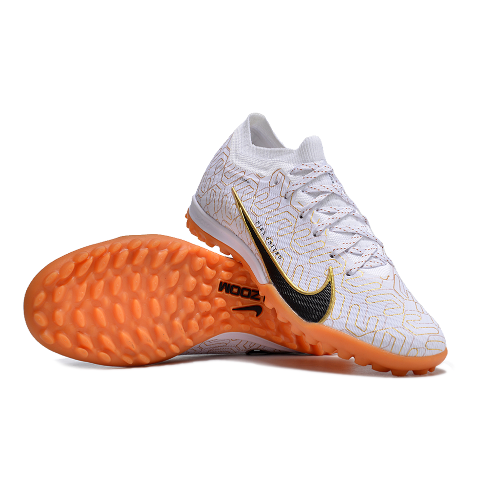 Chuteira Society Nike Air Zoom Mercurial Vapor 15 Elite TF Branca e Dourada 