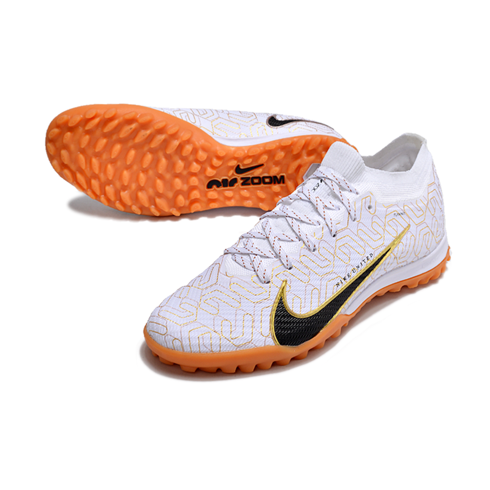 Chuteira Society Nike Air Zoom Mercurial Vapor 15 Elite TF Branca e Dourada 