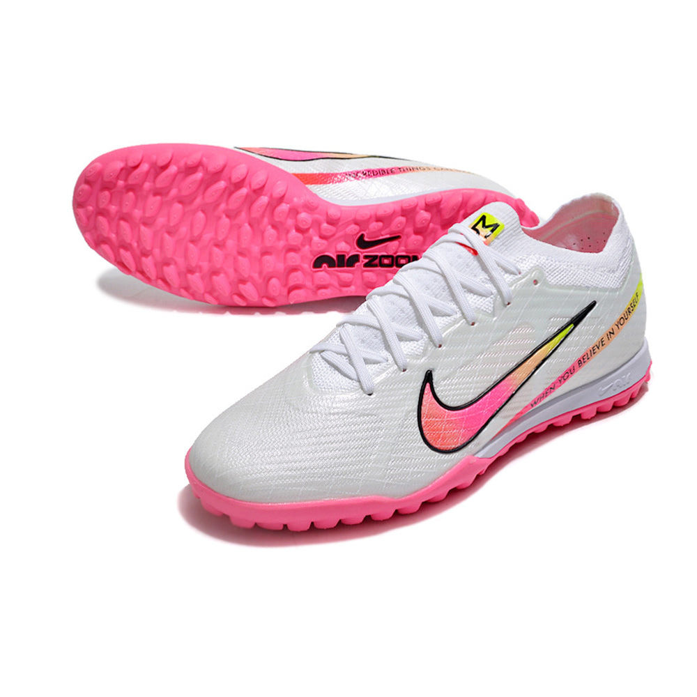 Chuteira Society Nike Air Zoom Mercurial Vapor 15 Elite TF Branca e Rosa 