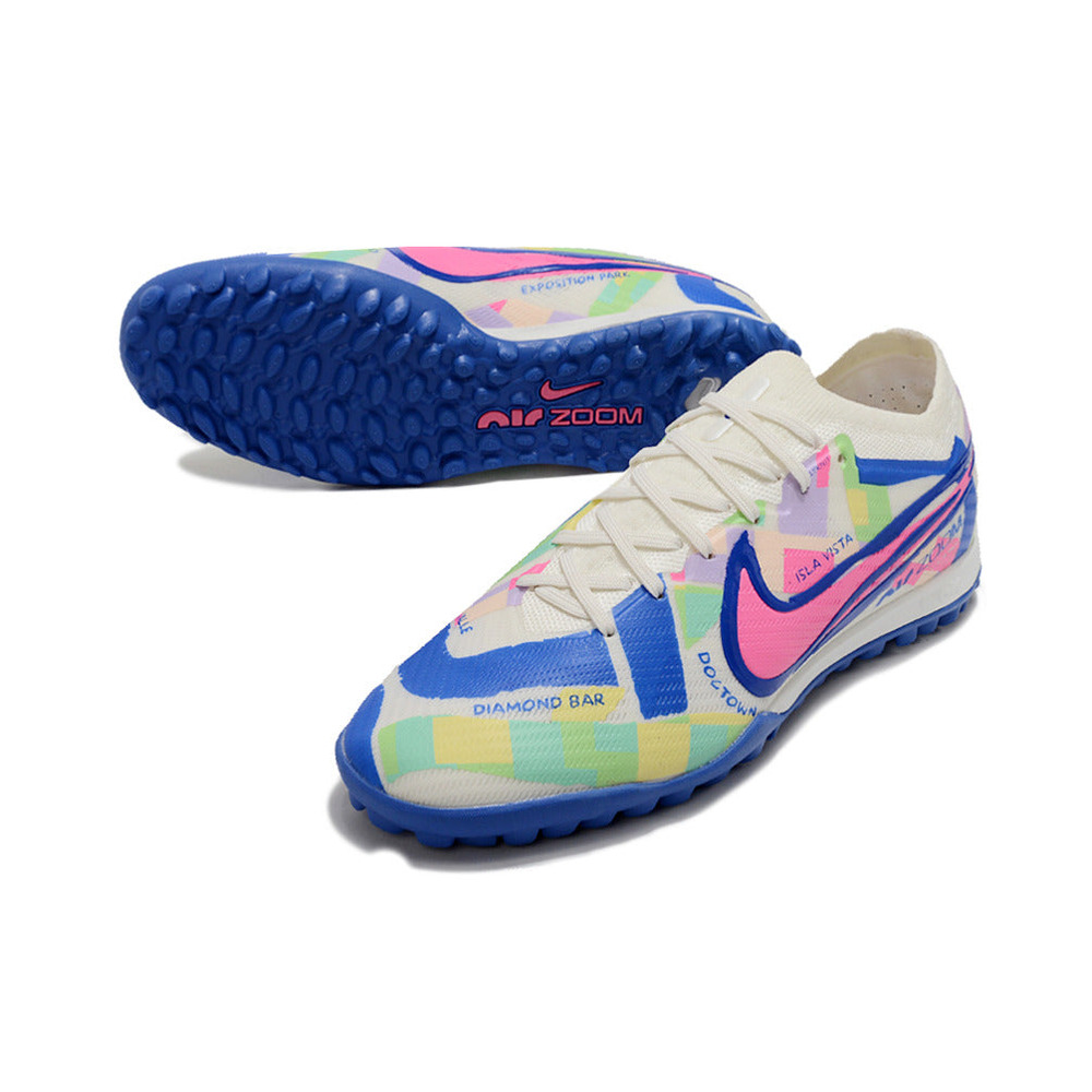 Chuteira Society Nike Air Zoom Mercurial Vapor 15 Elite TF Branca, Azul e Rosa 