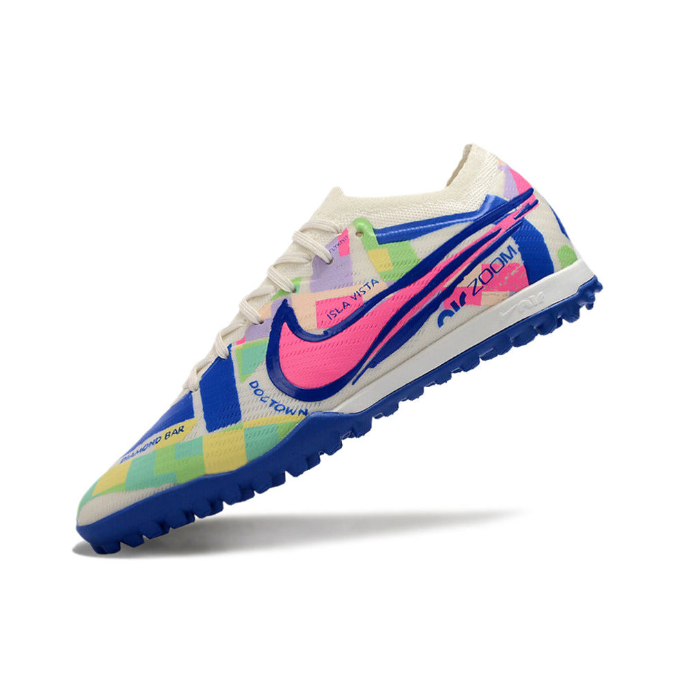 Chuteira Society Nike Air Zoom Mercurial Vapor 15 Elite TF Branca, Azul e Rosa 