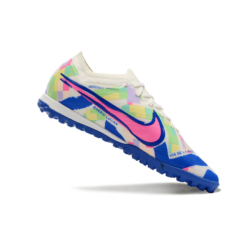 Chuteira Society Nike Air Zoom Mercurial Vapor 15 Elite TF Branca, Azul e Rosa 