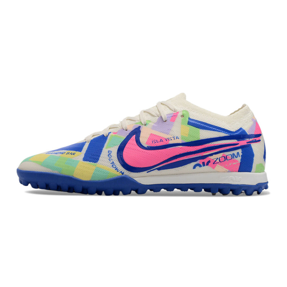 Chuteira Society Nike Air Zoom Mercurial Vapor 15 Elite TF Branca, Azul e Rosa 