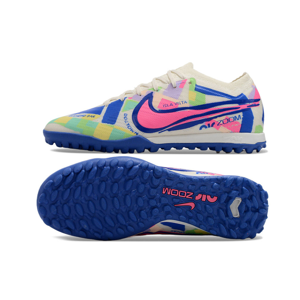 Chuteira Society Nike Air Zoom Mercurial Vapor 15 Elite TF Branca, Azul e Rosa 