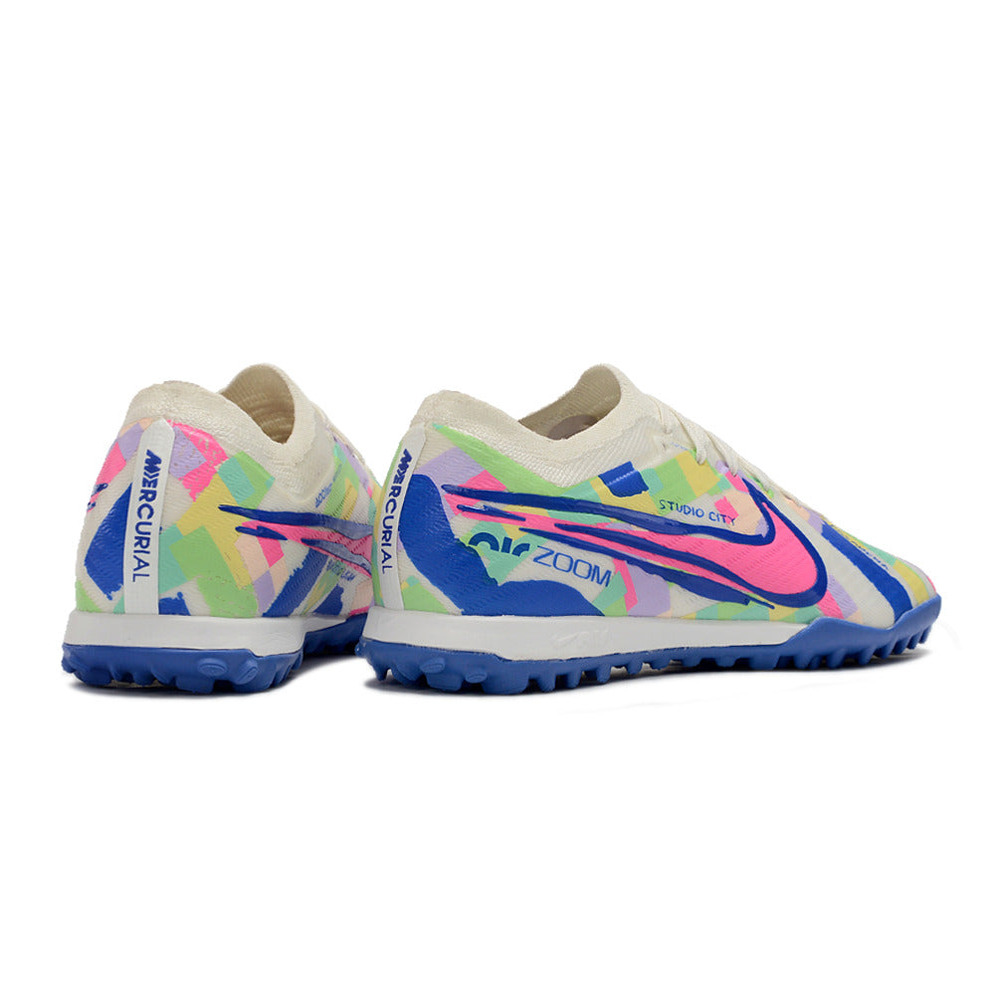 Chuteira Society Nike Air Zoom Mercurial Vapor 15 Elite TF Branca, Azul e Rosa 