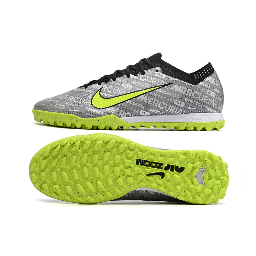 Chuteira Society Nike Air Zoom Mercurial Vapor 15 Elite TF Prata e Verde 