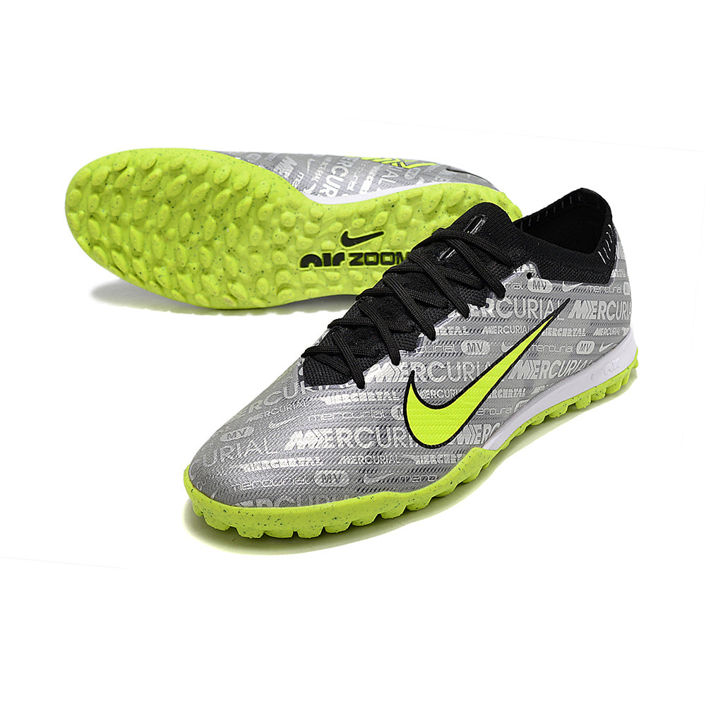 Chuteira Society Nike Air Zoom Mercurial Vapor 15 Elite TF Prata e Verde 