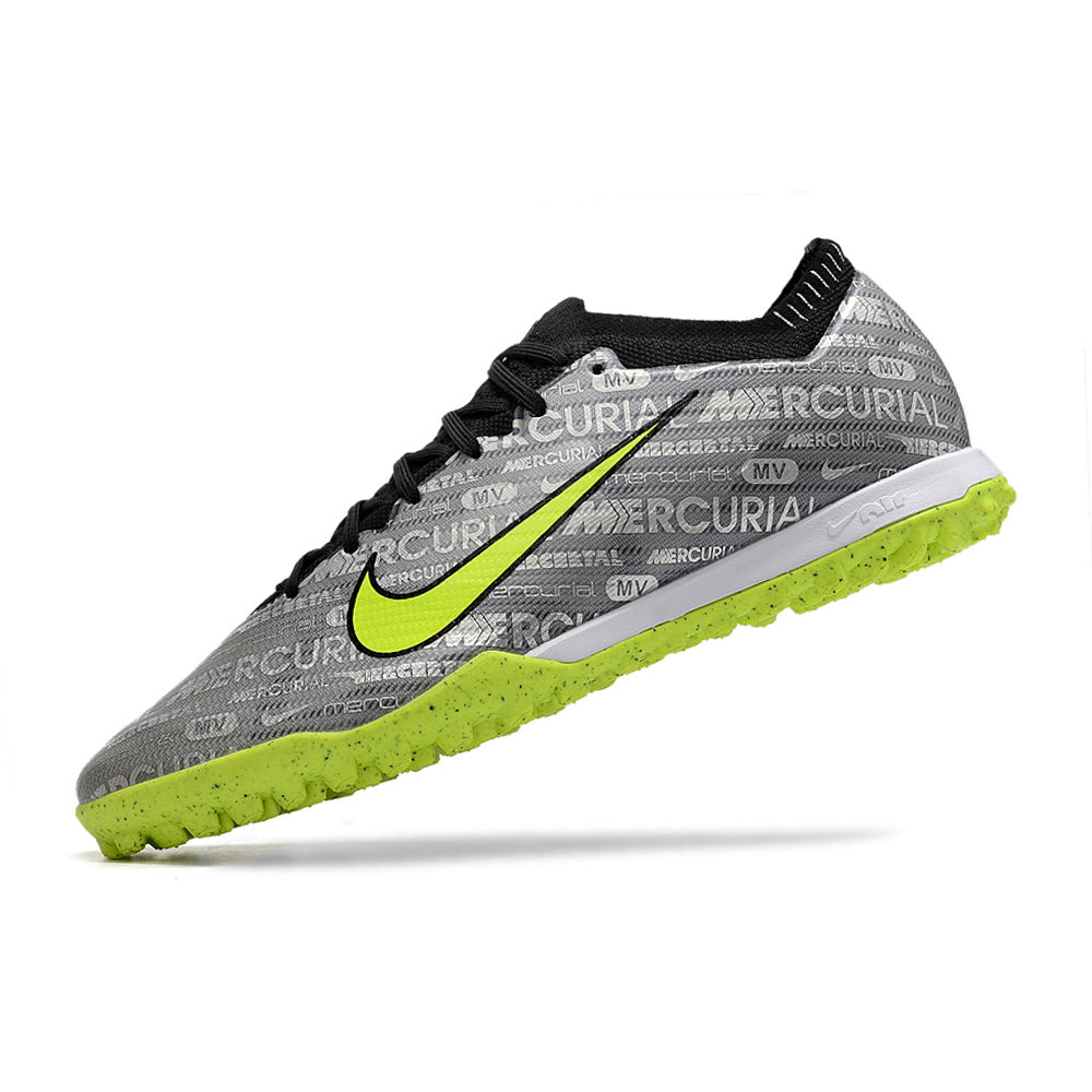 Chuteira Society Nike Air Zoom Mercurial Vapor 15 Elite TF Prata e Verde 