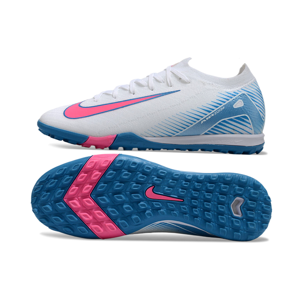 Chuteira Society Nike Air Zoom Mercurial Vapor 16 Elite TF Branca, Azul e Rosa