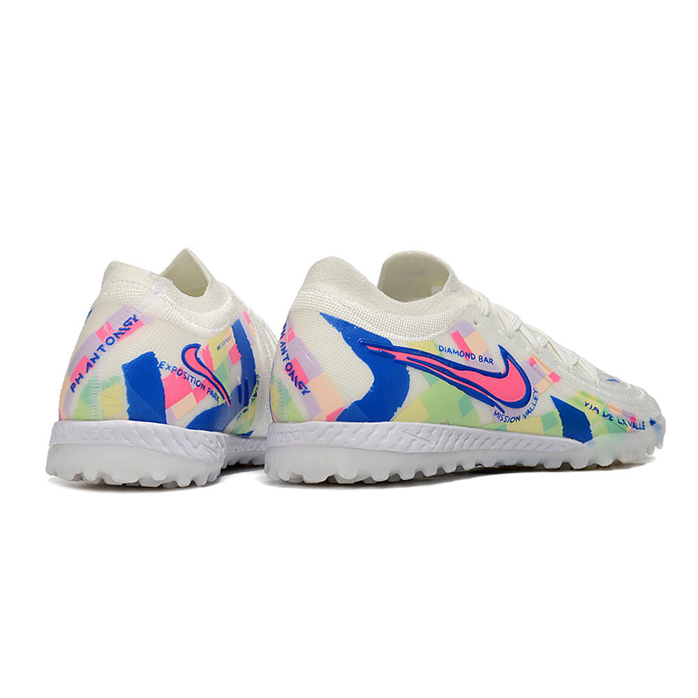 Chuteira Society Nike Phantom GX 2 Elite TF Branca, Azul e Rosa