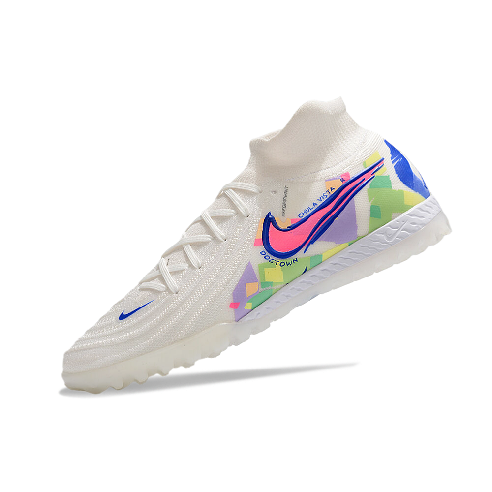 Chuteira Society Nike Phantom Luna 2 Elite TF Branca, Azul e Rosa