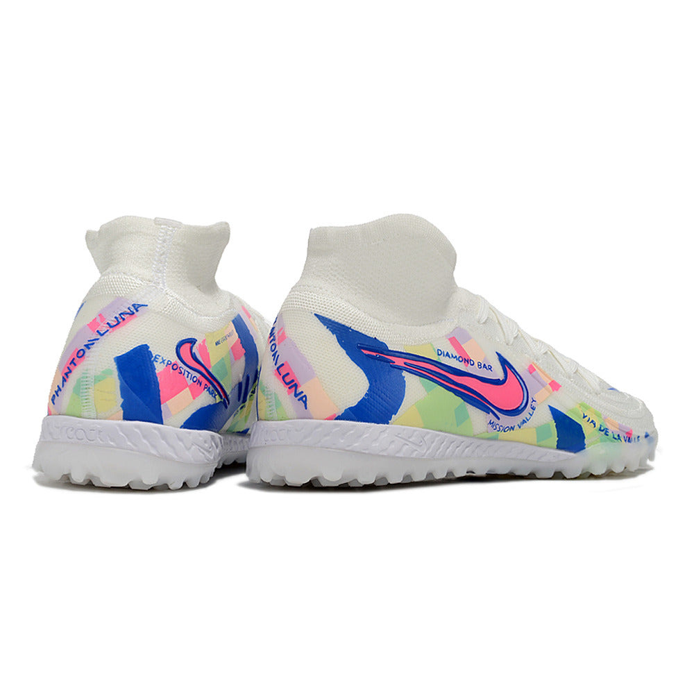 Chuteira Society Nike Phantom Luna 2 Elite TF Branca, Azul e Rosa