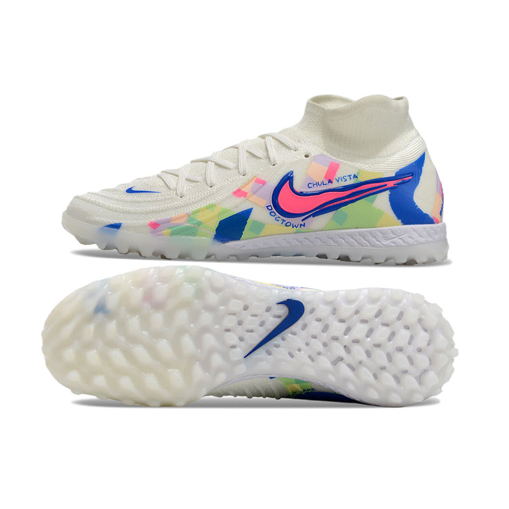 Chuteira Society Nike Phantom Luna 2 Elite TF Branca, Azul e Rosa